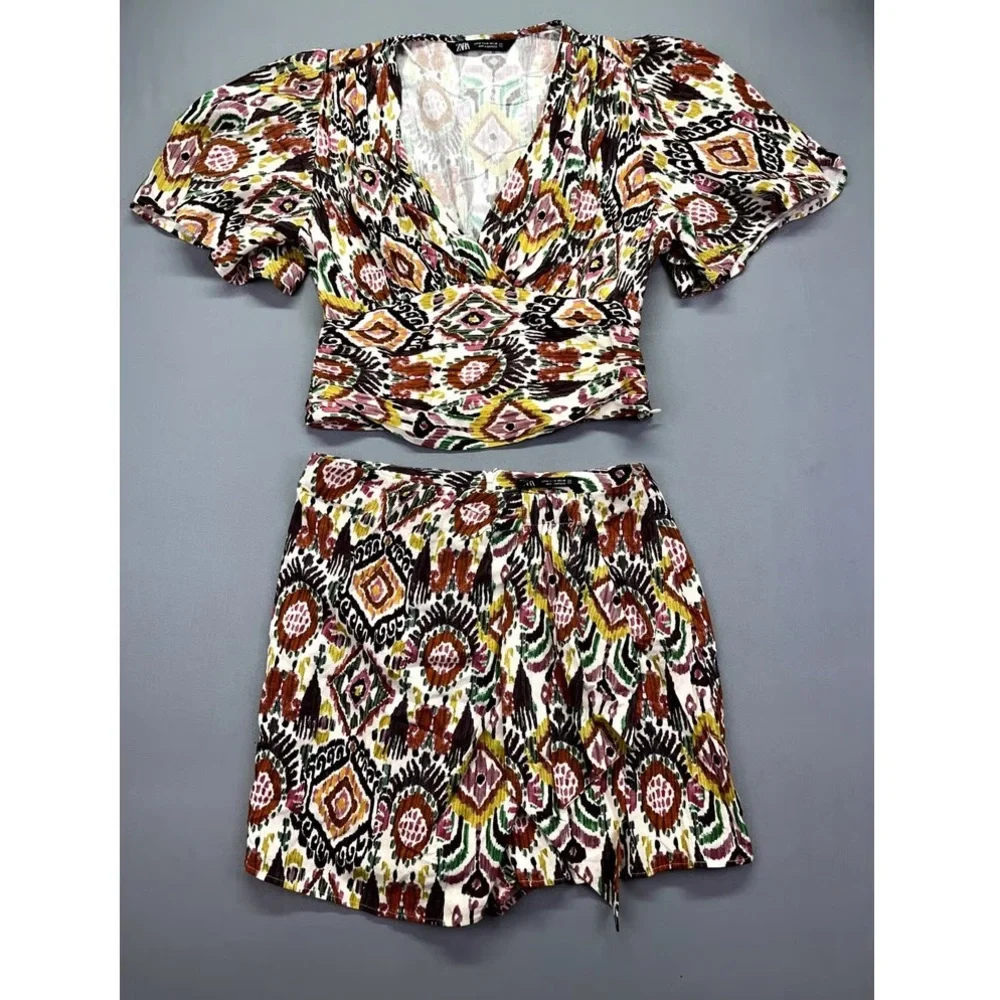 ZARA Ikat Print Puff Sleeve Crop Top - Size M NWT - Picture 7 of 12